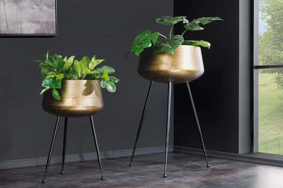 Invicta Interior Set van 2 Bloempot FLOWERS 65cm messing goud zwart gehamerd design 44860