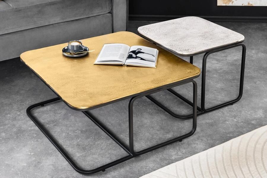 Invicta Interior Set van 2 salontafel ABSTRACT 60cm goud zilver zwart metaal handgemaakt 43515
