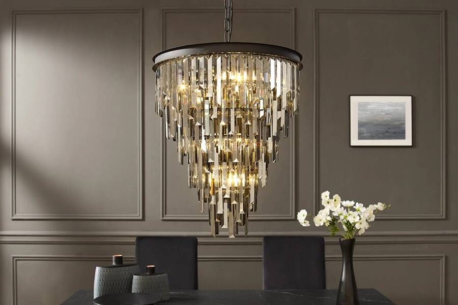 Invicta Interior Luxe Kroonluchter CRYSTAL 50cm Grijs met Glazen Prisma's Zwart IJzeren Hanglamp 44818