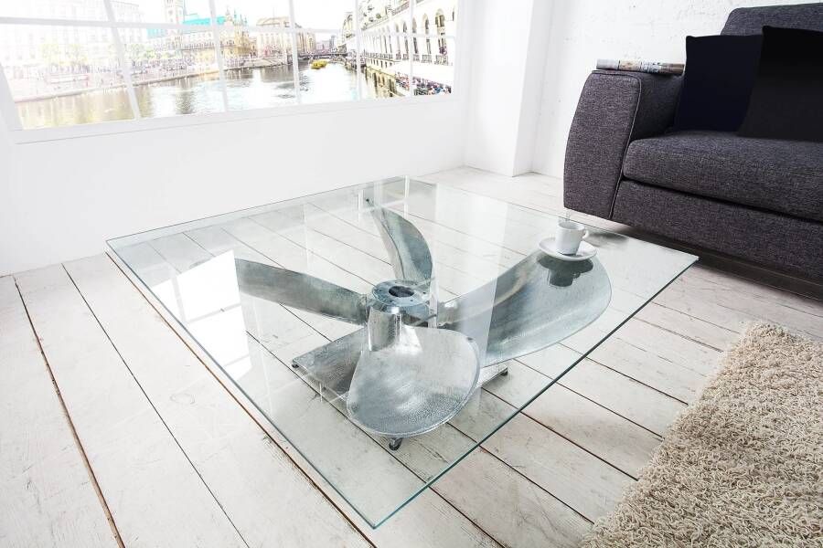Invicta Interior Maritieme salontafel OCEAN L 85cm Zilver Antieke Scheepsschroef met Glazen Blad 36469