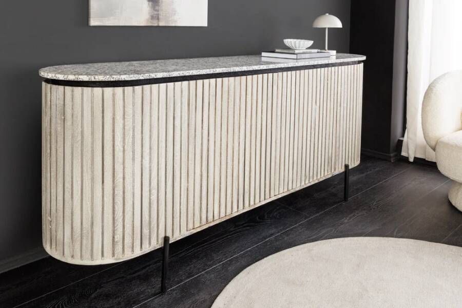 Invicta Interior Massief dressoir ADLON 170 cm grijs geborsteld mangohout met wit marmeren blad 47694