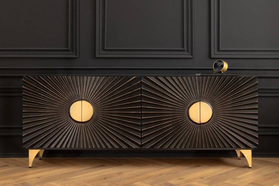 Invicta Interior Massief dressoir SOLARIS 180 cm zwartgoud mangohout 3D-design 44652