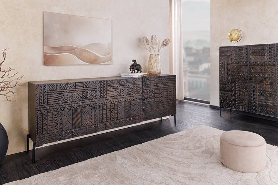 Invicta Interior Massief dressoir TRIBAL 180cm antiek bruin mangohout 3D front veel opbergruimte 45995