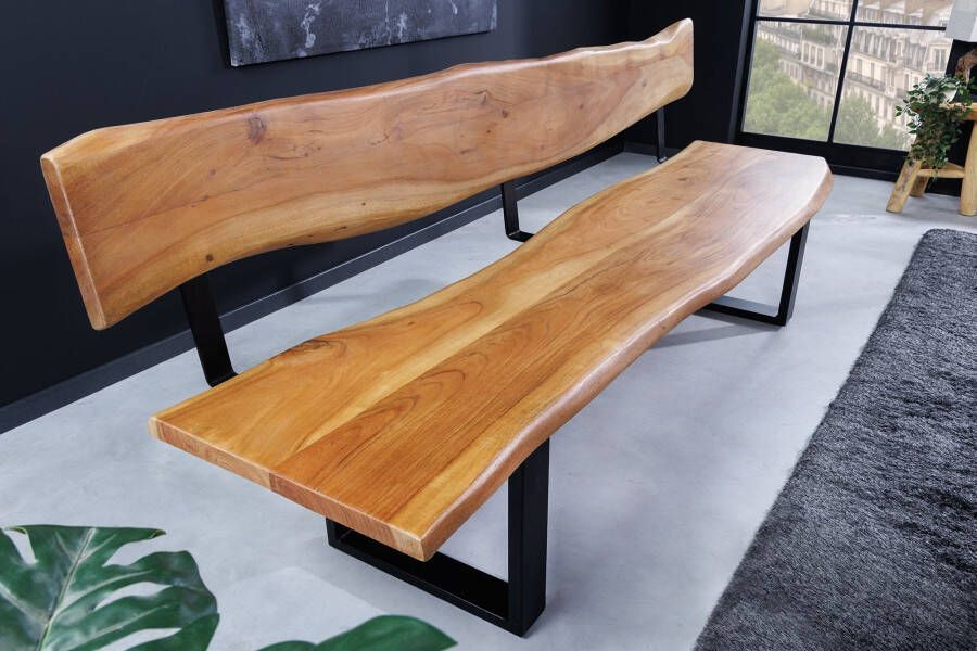 Invicta Interior Massief houten bank MAMMUT 200cm natuurlijke acaciaboom rand met rugleuning zwart metalen frame 46154