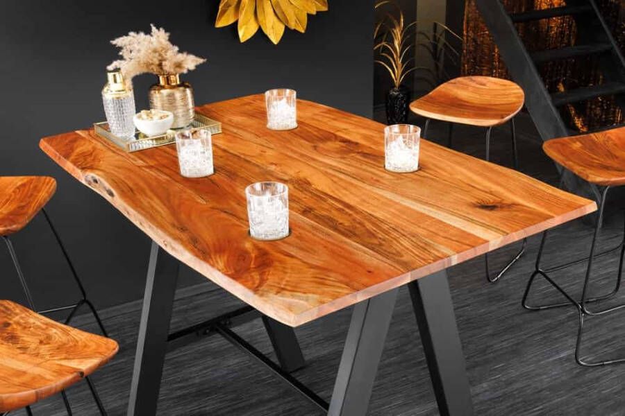 Invicta Interior Massief houten bartafel MAMMUT 120cm natuurlijke acaciaboom rand metaal zwart met voetsteun 43672