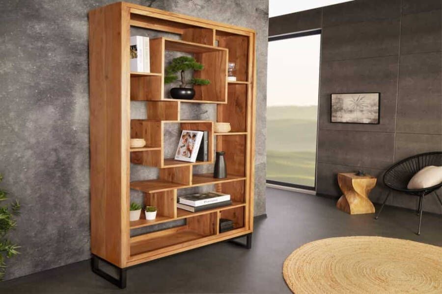 Invicta Interior Massief houten boekenkast CUBUS 190 cm acaciahoningafwerking metalen poten zwarte staande plank 43742