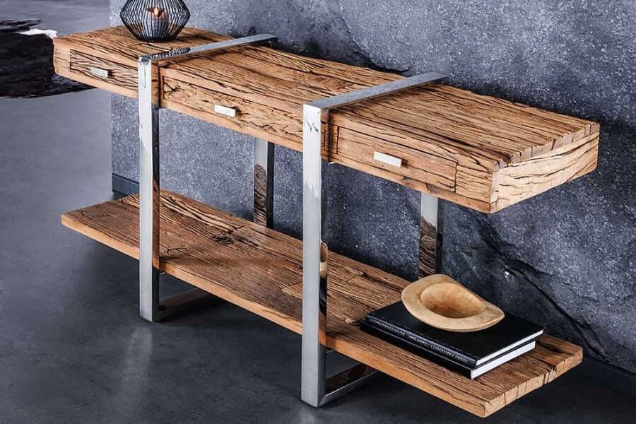 Invicta Interior Massief houten consoletafel BARRACUDA 140cm bruin teak zilver verchroomd roestvrij staal met laden 43615