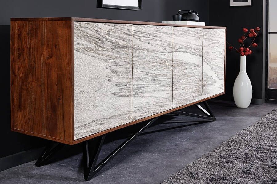 Invicta Interior Massief houten dressoir MOUNTAIN SOUL 175cm echt natuursteen wit acaciamarmer design 43379