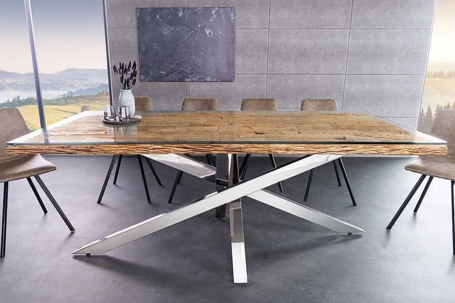 Invicta Interior Massief houten eettafel BARRACUDA 220cm bruin teak zilver roestvrij staal verchroomd glazen blad 43625