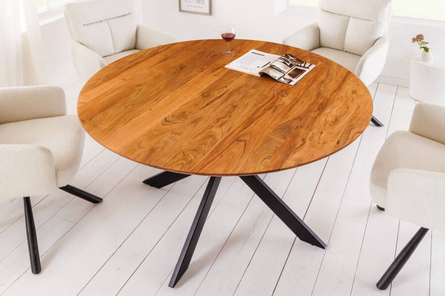 Invicta Interior Massief houten eettafel GALAXIE 130cm rond naturel acacia zwart metalen frame 42373