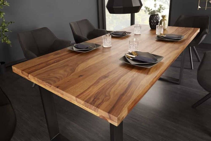 Invicta Interior Massief houten eettafel IRON CRAFT 160cm naturel zwarte Sheesham steenafwerking Industrieel Design 39868