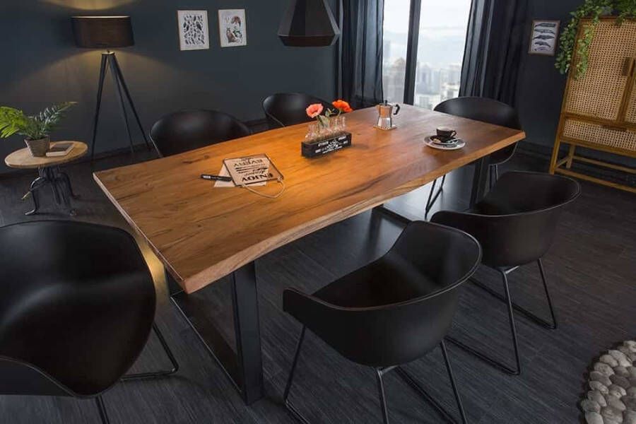 Invicta Interior Massief houten eettafel MAMMUT 200cm acacia 3 5cm tafelblad boomrand metaal zwart 44512