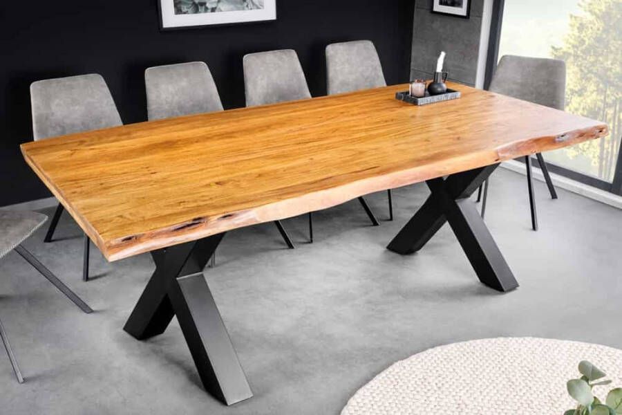 Invicta Interior Massief houten eettafel MAMMUT 200cm acacia X-frame zwart metalen boomrand 5cm tafelblad 43787