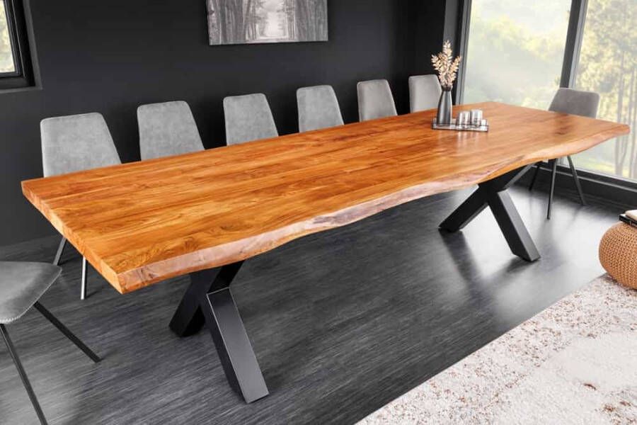 Invicta Interior Massief houten eettafel MAMMUT 300cm acacia X-frame zwart metalen boomrand 6cm tafelblad 43782