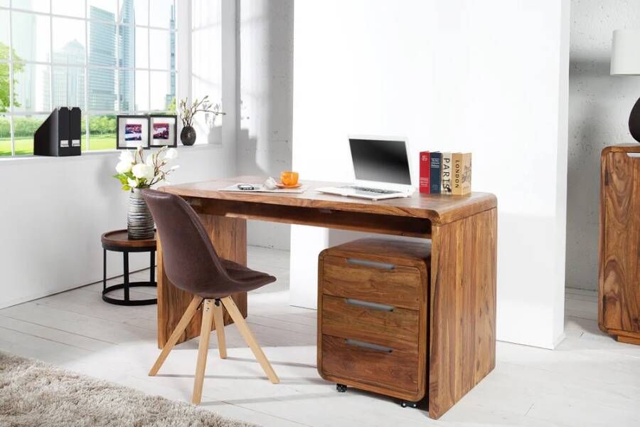 Invicta Interior Massief houten kantoortafel CUBUS 120 cm bureau met natuursteenafwerking sheeshamhout 43753