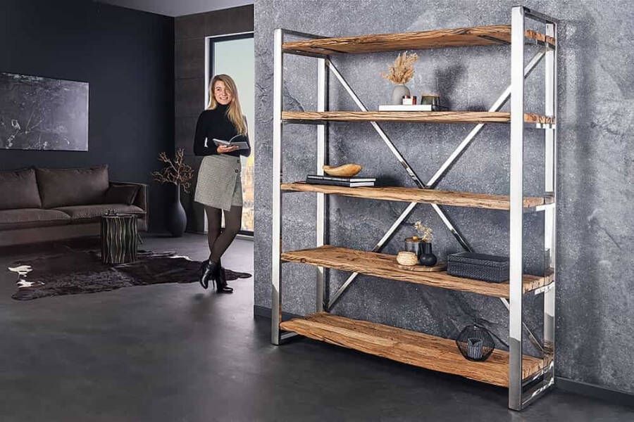 Invicta Interior Massief houten plank BARRACUDA 185cm bruin teak zilver roestvrij staal verchroomde boekenkast 43616