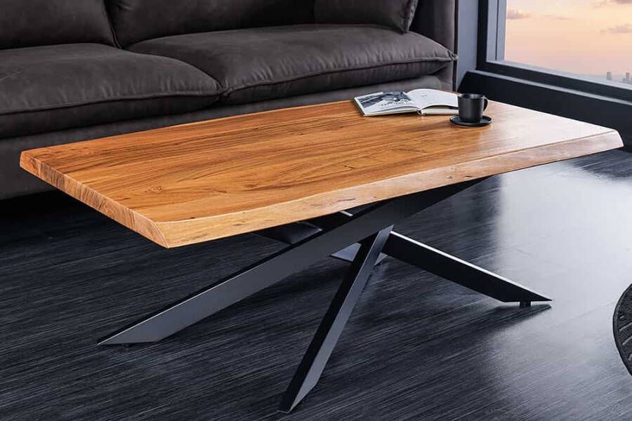 Invicta Interior Massief houten salontafel MAMMUT 110cm zwart acacia 3 5cm tafelblad boomrand 44059