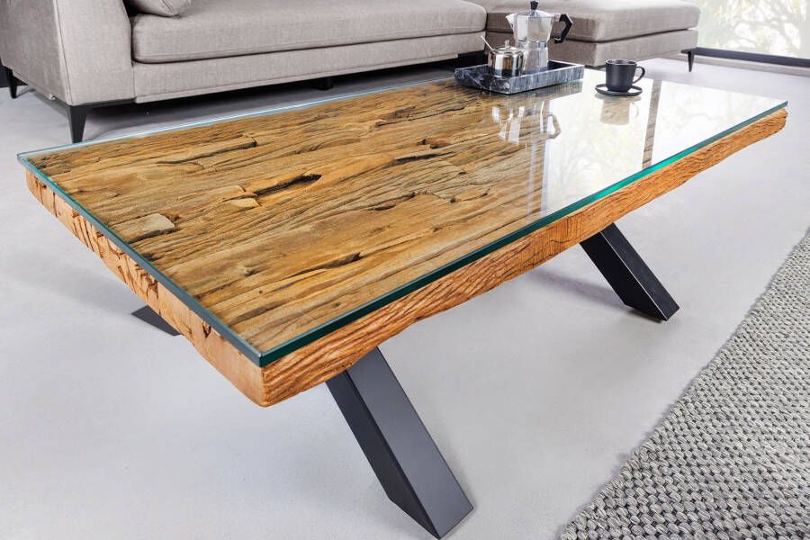 Invicta Interior Massieve salontafel BARRACUDA 110cm antiek naturel teakhout X-frame glazen blad 6045679