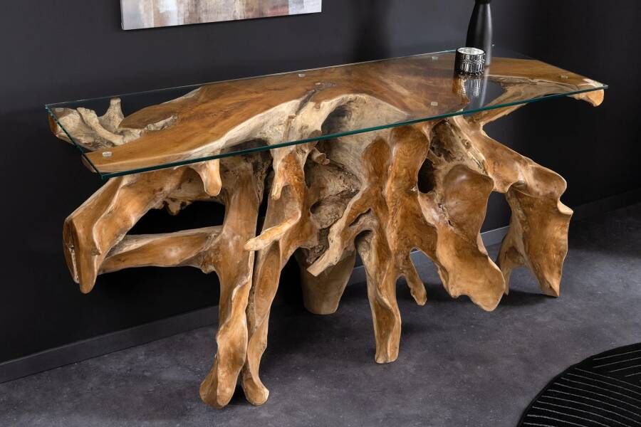 Invicta Interior Massieve wandtafel ROOT 150cm naturel teakhout massief wortelhout glazen blad 6044121
