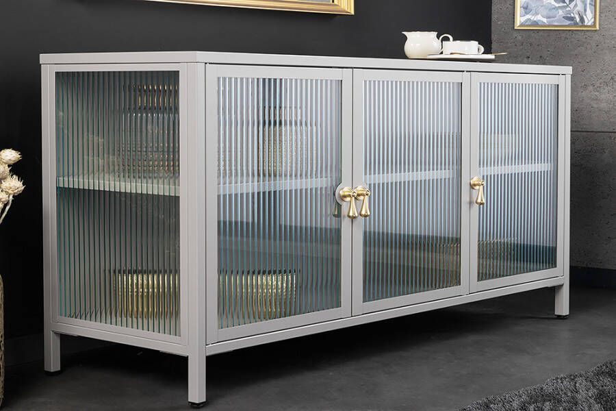 Invicta Interior Modern dressoir AMSTERDAM 105cm grijs goud geribbelde glazen metalen vitrinekast 43535