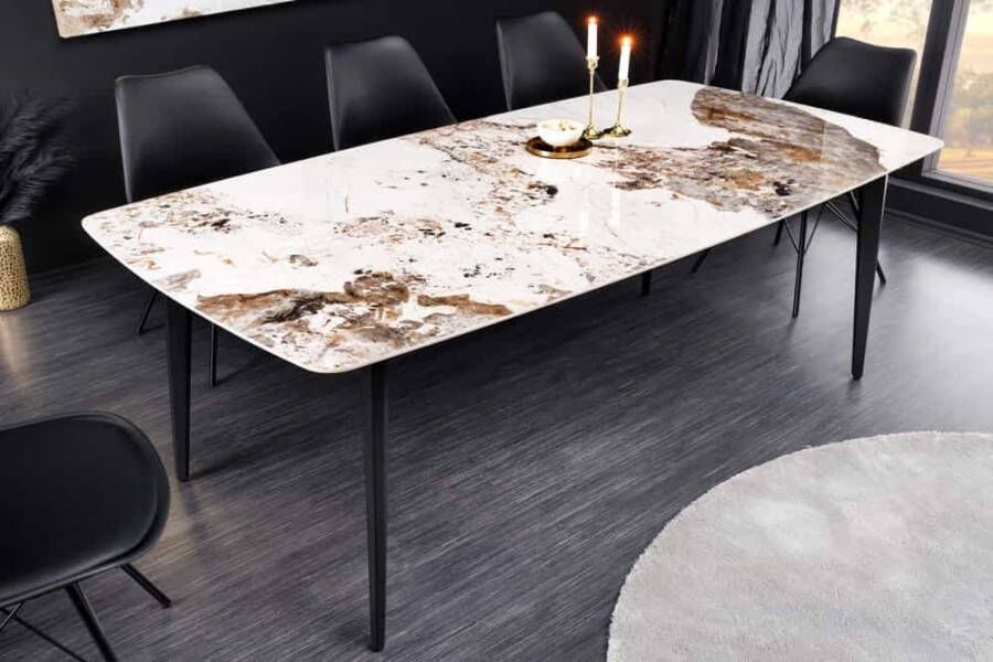 Invicta Interior Moderne eettafel MILANO 160cm wit gemarmerd natuursteen keramiek zwart metalen poten 44232