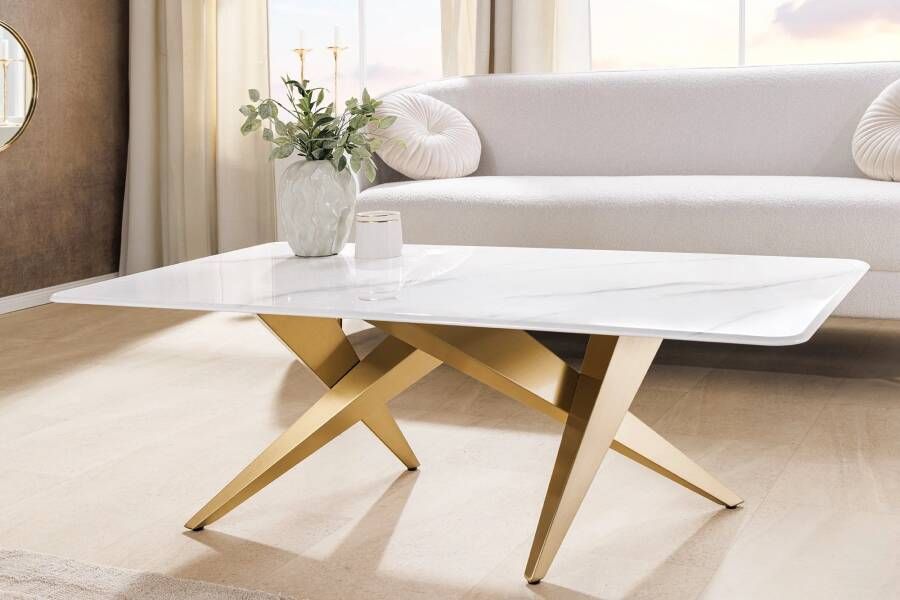 Invicta Interior Moderne salontafel ART LIVING 130cm wit marmer keramiek champagne goud geborsteld 46204