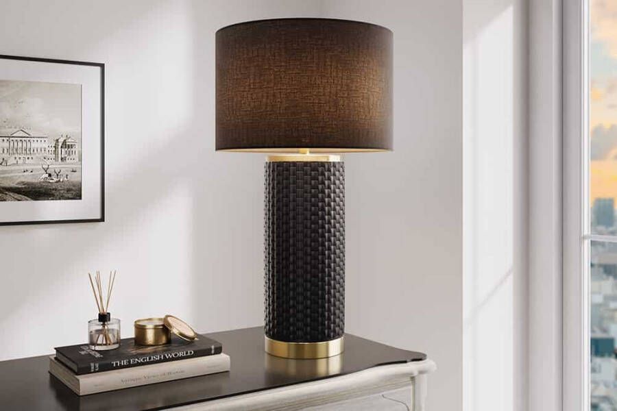 Invicta Interior Moderne tafellamp ELEGANCIA 70cm zwart gouden keramische ronde stoffen kap 46010
