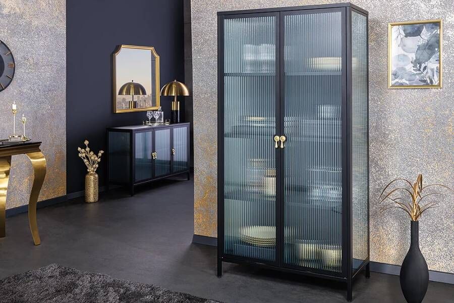 Invicta Interior Moderne vitrine AMSTERDAM 160cm zwart goud geribbeld glazen metalen highboardkast 43533