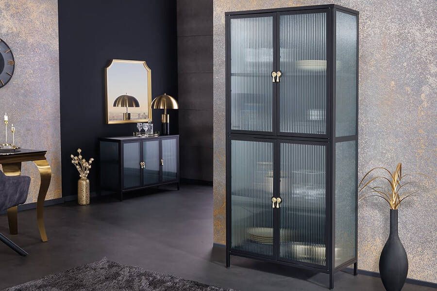 Invicta Interior Moderne vitrine AMSTERDAM 180cm zwart goud geribbeld glazen metalen highboardkast 43532