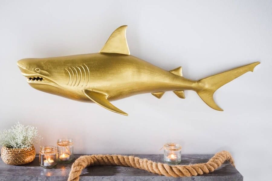 Invicta Interior Maritieme wanddecoratie HAI 105cm goud links metalen handgemaakt haai design sculptuur 43045