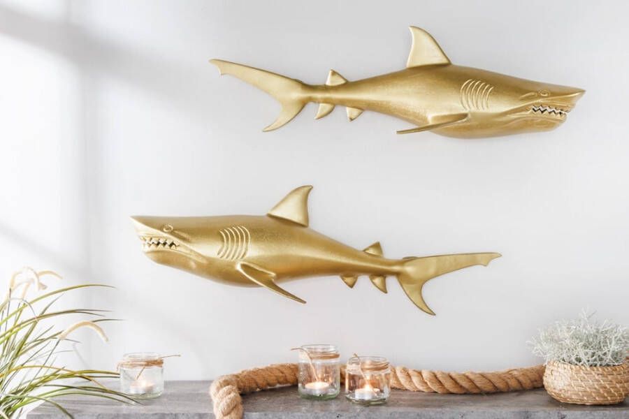 Invicta Interior Maritieme set van 2 wanddecoratie HAIE 68cm goud metalen handgemaakte haai design sculptuur 42984