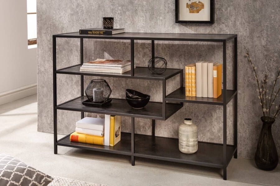 Invicta Interior Industriële boekenkast SLIM LINE 114cm zwart essen vijf planken 42019