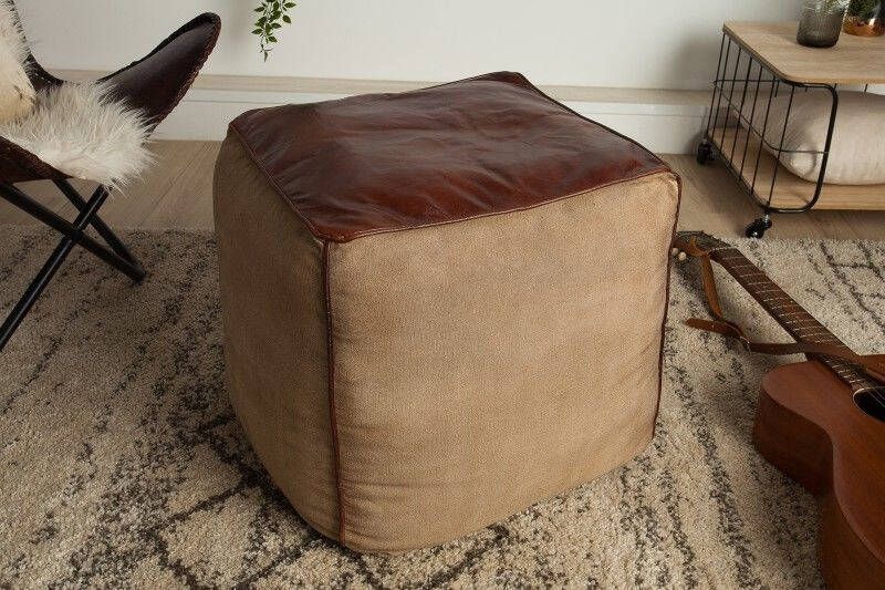 Invicta Interior Retro poef MUSTANG lederen bekleding 45cm met linnen zitkubus 39525