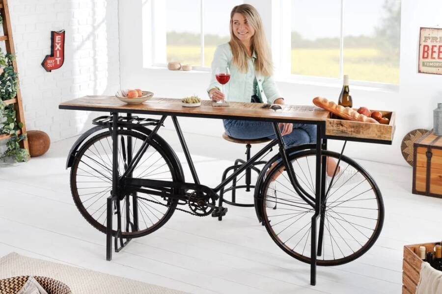 Invicta Interior Retro consoletafel BICYCLE 195cm mangohouten fietsbartafel upcycling 42103