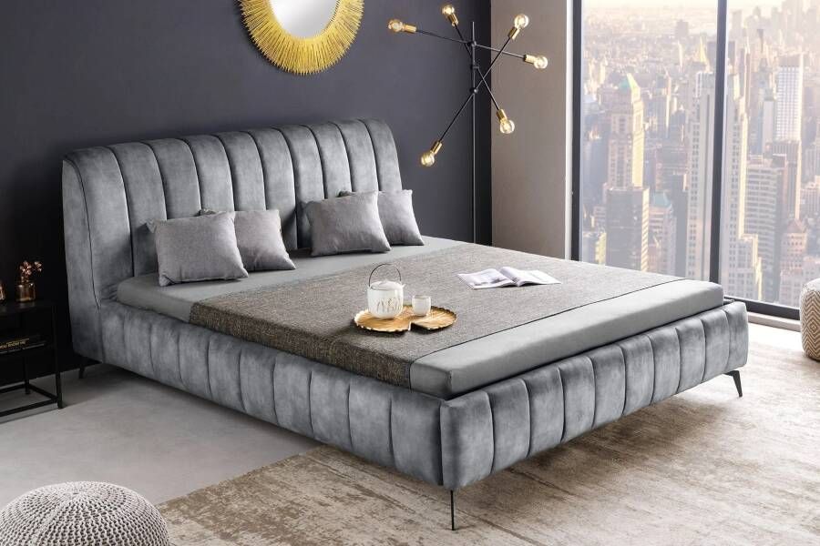 Invicta Interior Retro Bed AMSTERDAM 160x200cm Grijs Fluweel Zwart Metaal Gestoffeerd Bed 46163