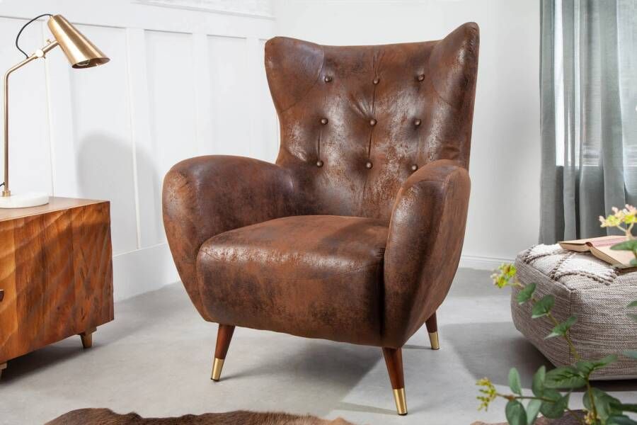 Invicta Interior Retro Design Armstoel DON Antiek Bruin Goud Voetdoppen met Veerkern 44550