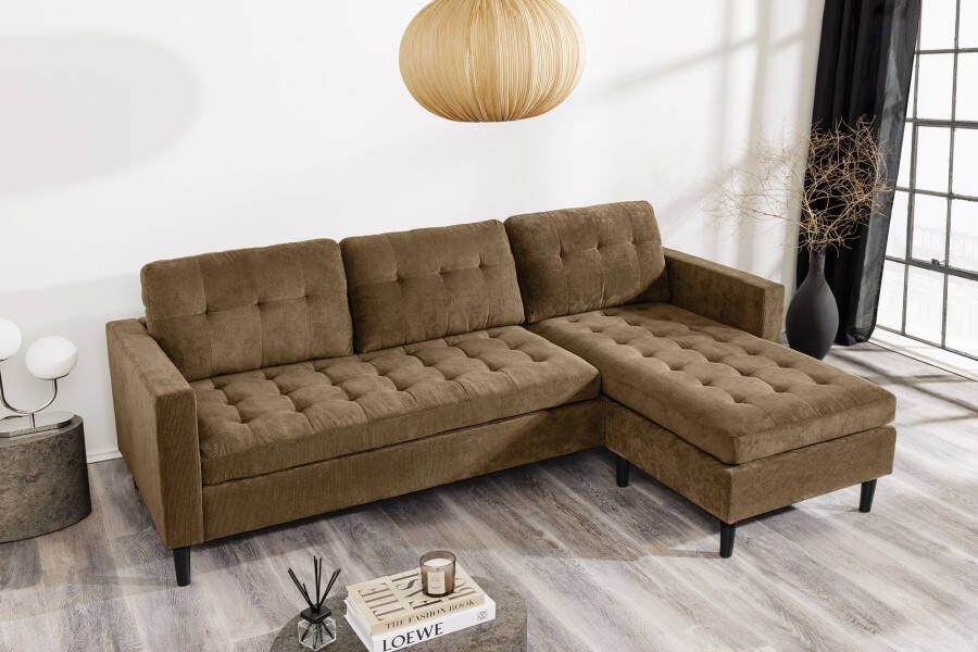 Invicta Interior Retro hoekbank STOCKHOLM 220cm bruin corduroy Spring Core 3-zits 44153