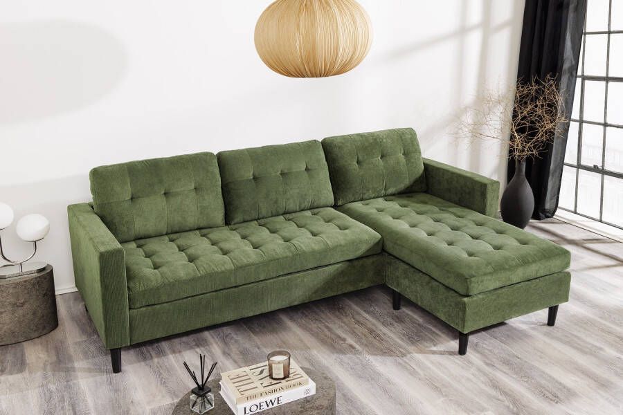 Invicta Interior Retro hoekbank STOCKHOLM 220cm Groen corduroy stof Spring Core 3-zits 44152