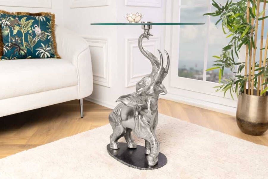 Invicta Interior Ronde bijzettafel OLIFANT 80cm zilverkleurig metaal glas marmeren sculptuur handgemaakt 43557