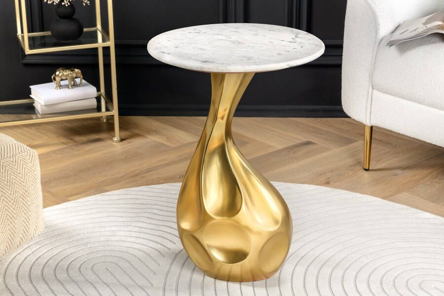 Invicta Interior Ronde bijzettafel TEAR 60cm goud wit met marmeren tafelblad handgemaakt 44834