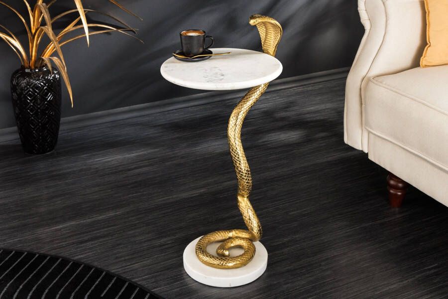 Invicta Interior Ronde bijzettafel WILDLIFE COBRA 65cm goud wit marmer slang sculptuur handgemaakt 44830