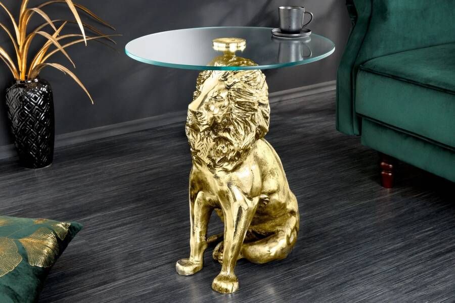 Invicta Interior Ronde bijzettafel WILDLIFE LION 60cm Goud Antiek Metaal Glas Leeuw Sculptuur 44827