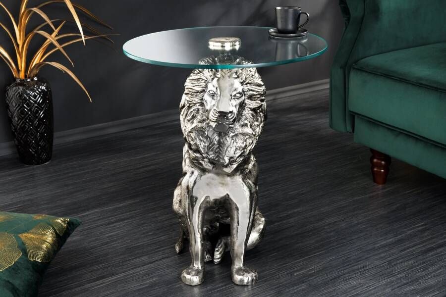 Invicta Interior Ronde bijzettafel WILDLIFE LION 60cm Zilver Antiek Metaal Glas Leeuw Sculptuur 44826