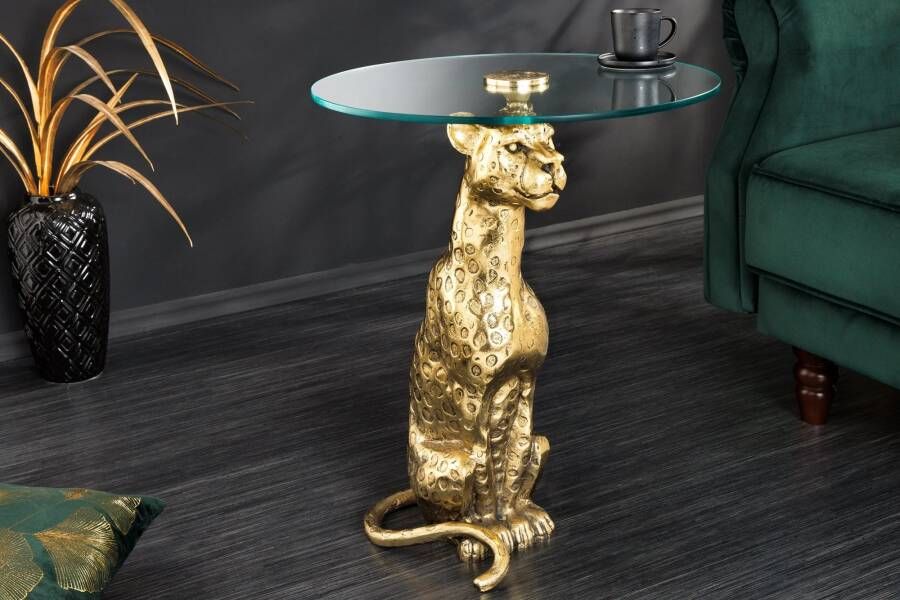 Invicta Interior Ronde bijzettafel WILDLIFE PANTHER 60cm goud antiek metalen glassculptuur handgemaakt 44825