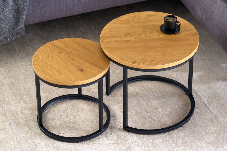 Invicta Interior Ronde bijzettafels set van 2 ELEGANCE 45cm natuurlijk wild eiken design hout zwart metalen frame 43643