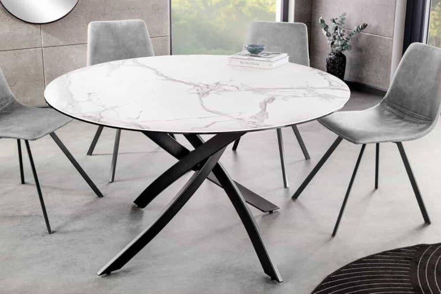 Invicta Interior Ronde eettafel ALPINE 120cm wit keramiek marmer design zwart metalen poten sterframe 44230