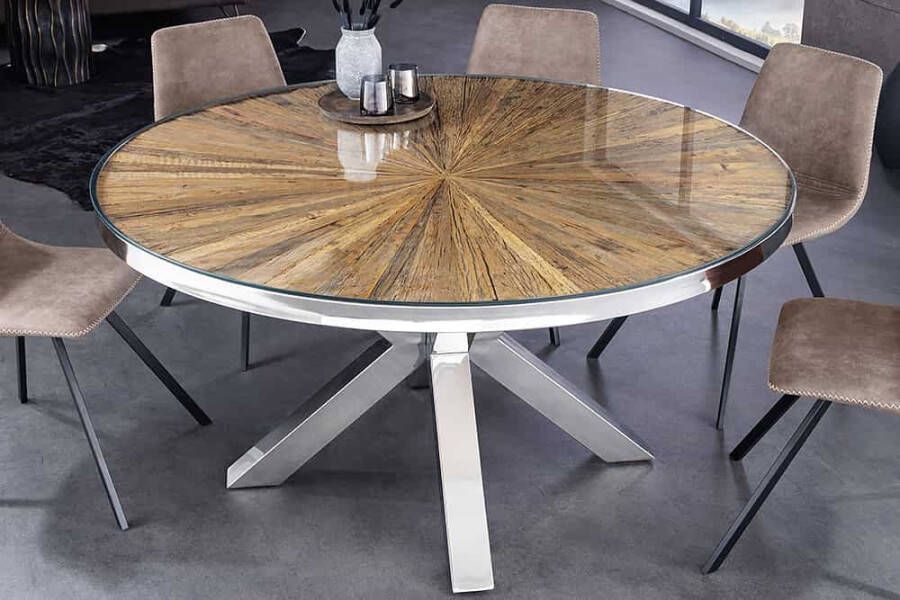 Invicta Interior Ronde eettafel BARRACUDA 120cm bruin teak massief hout glazen blad zilver roestvrij staal verchroomd 43622