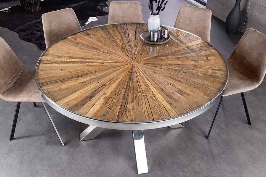 Invicta Interior Ronde eettafel BARRACUDA 140cm bruin teak massief hout glas zilver roestvrij staal verchroomd 43623