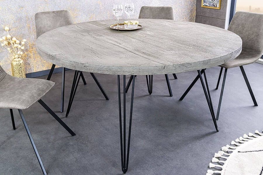 Invicta Interior Ronde eettafel SCORPION 120cm grijs massief mangohout zwarte metalen poten Hairpin Poten 43664