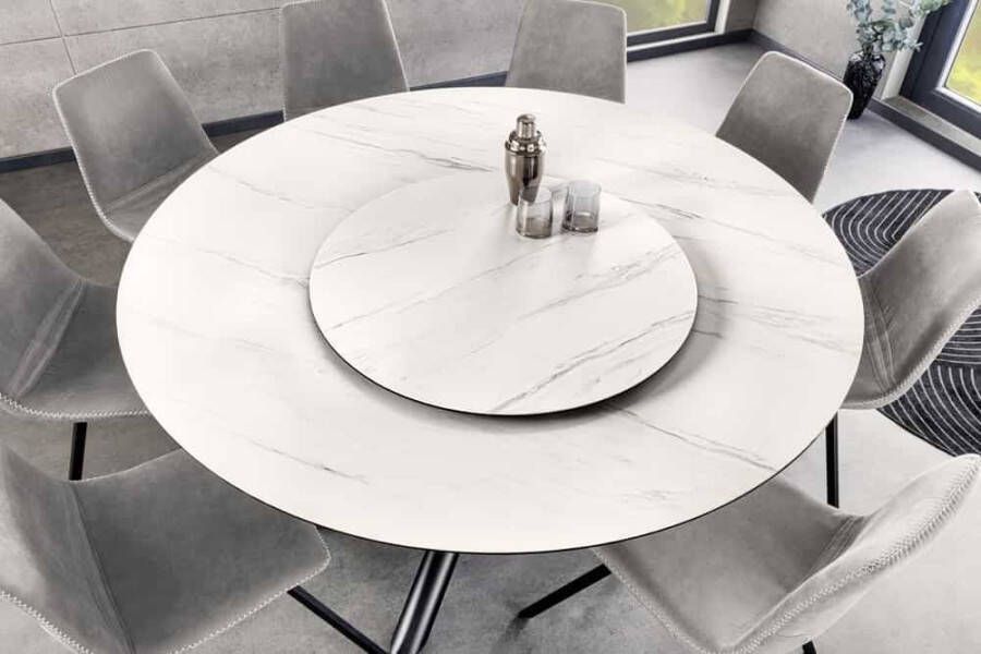 Invicta Interior Ronde eettafel SPIN 150cm wit keramiek marmer design zwart metalen poten met draaibaar blad 44225